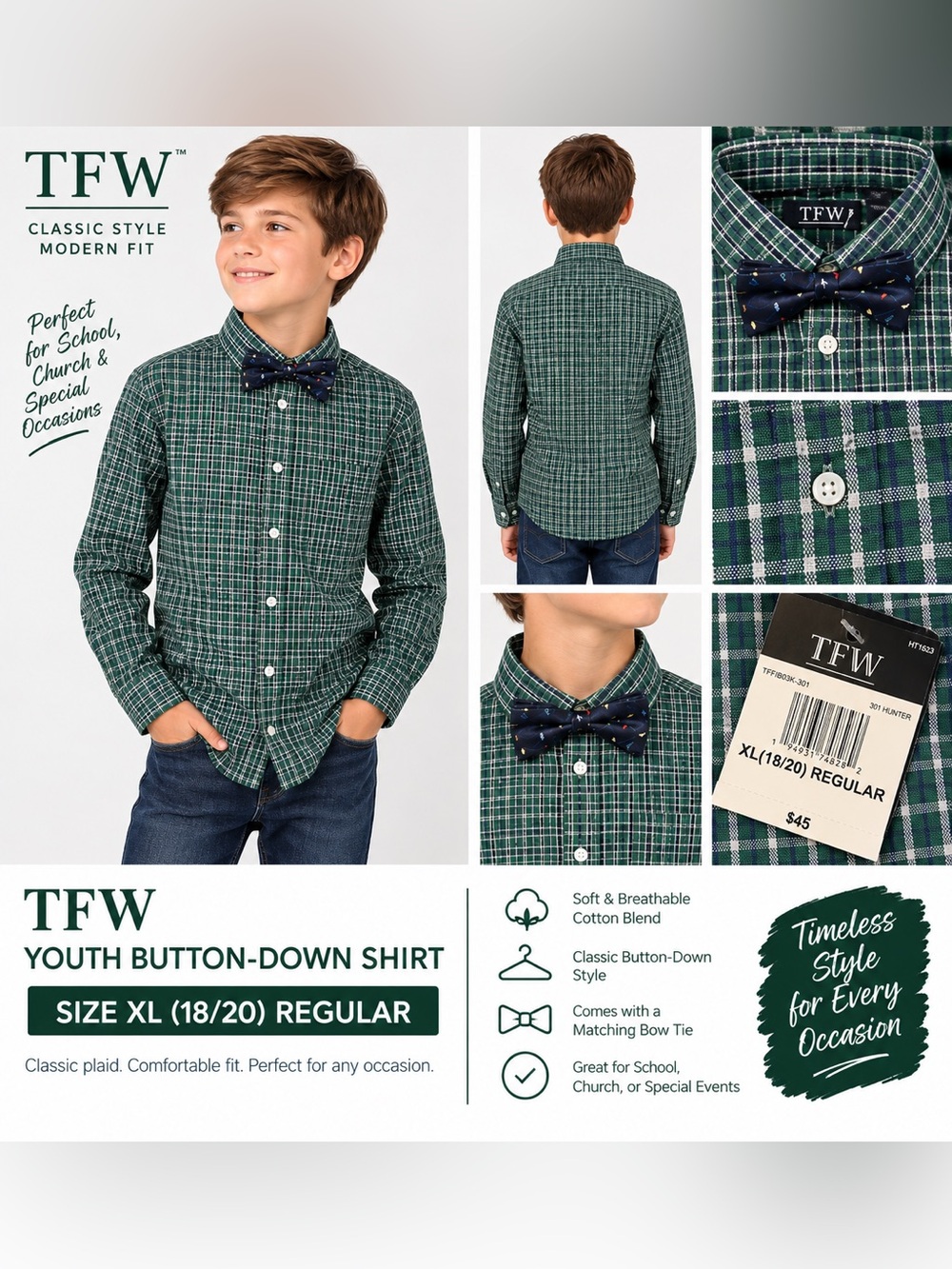 TFW Youth Boys Plaid Button Down Shirt XL 18/20 Green with Bow Tie